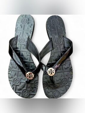 Tory Burch Thora Black Patent Leather Logo Sandals - Size 8M